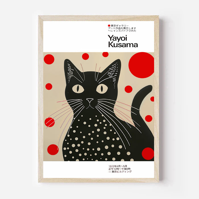 Yayoi kusama inspired black cat art print with polka dots