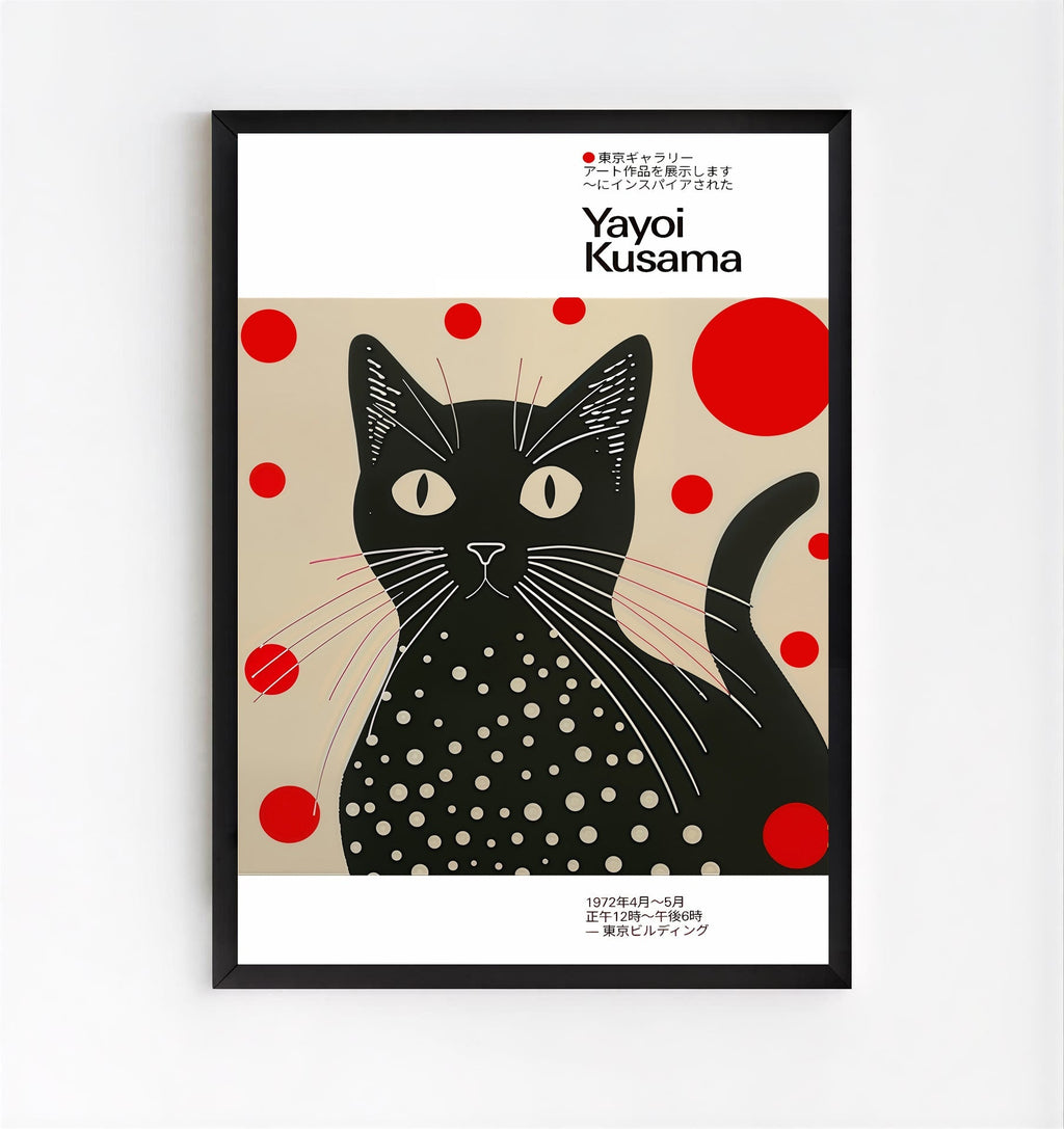 Yayoi kusama inspired black cat art print with polka dots