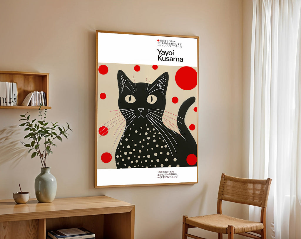 Yayoi kusama inspired black cat art print with polka dots
