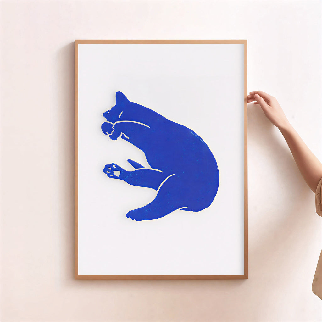 Minimalist blue cat wall art print