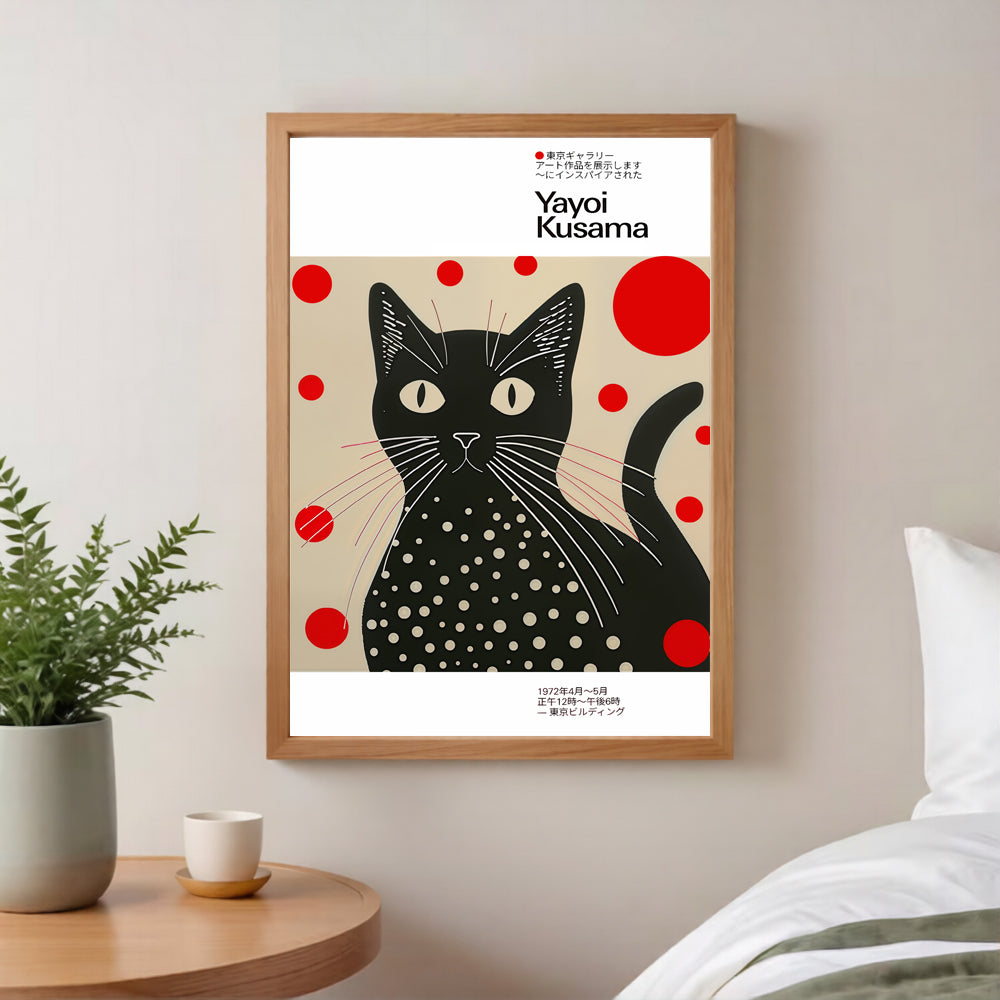 Yayoi kusama inspired black cat art print with polka dots