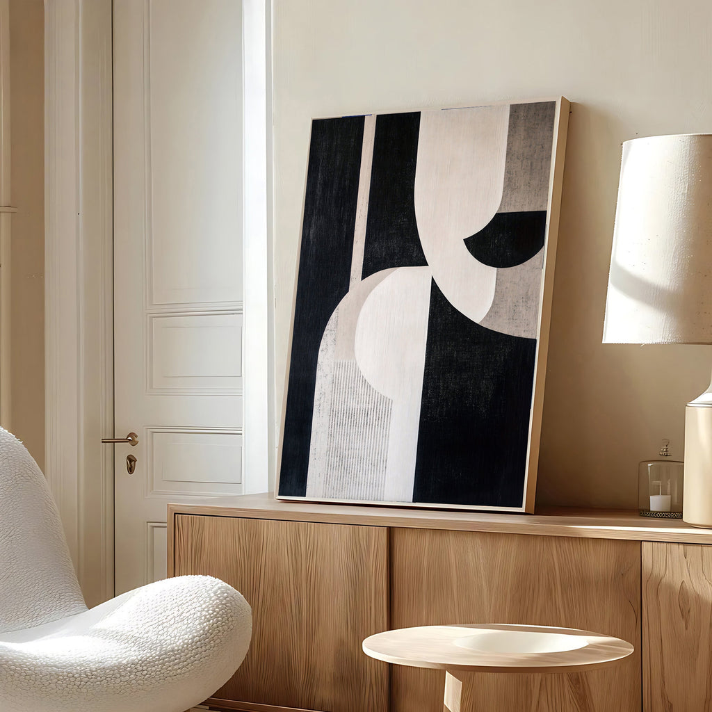 Abstract geometric wall art print in black and beige