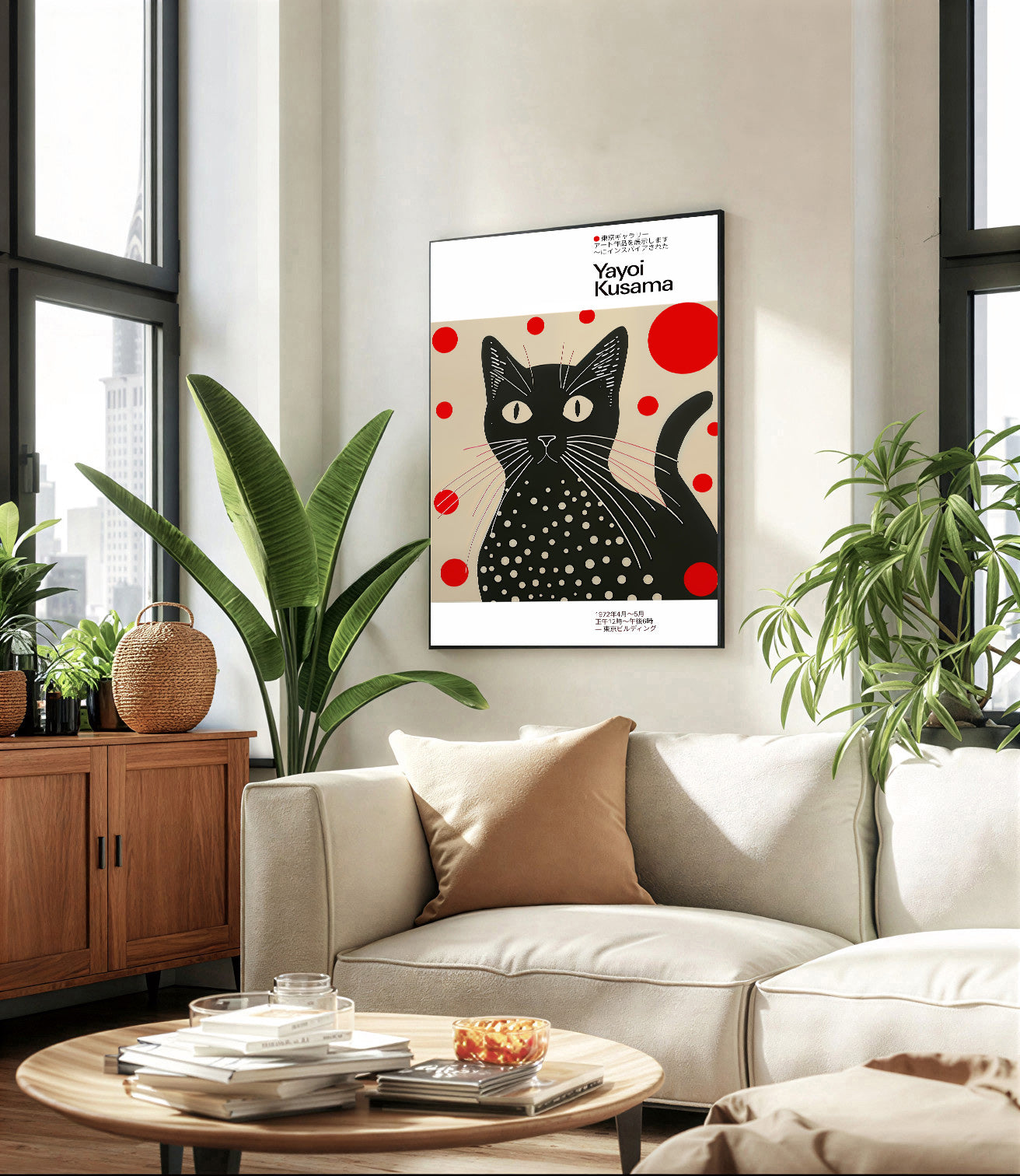 Yayoi kusama inspired black cat art print with polka dots